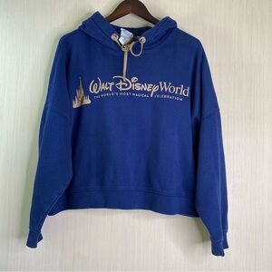 Walt Disney World Women's 50th Anniversary Cropped Hoodie Gold Foil Logo Blue 1X
